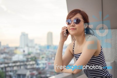 Portrait Of Thai Adult Businesswoman Beautiful Girl Calling Smart Phone Stock Photo