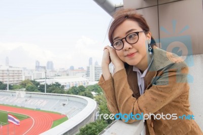 Portrait Of Thai Adult Businesswoman Beautiful Girl Relax And Smile Stock Photo