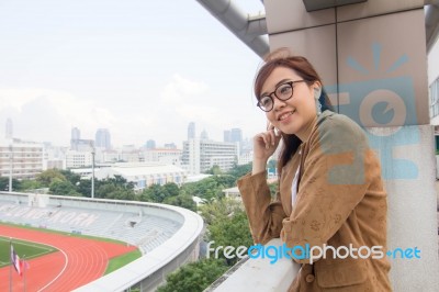 Portrait Of Thai Adult Businesswoman Beautiful Girl Relax And Smile Stock Photo