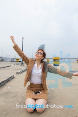 Portrait Of Thai Adult Businesswoman Beautiful Girl Relax And Smile Stock Photo