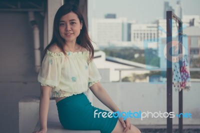 Portrait Of Thai Adult Businesswoman Beautiful Girl Relax And Smile Stock Photo