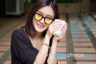 Portrait Of Thai Adult Glasses Beautiful Girl Drinking Coffee Stock Photo