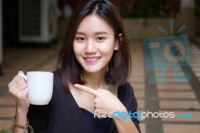 Portrait Of Thai Adult Glasses Beautiful Girl Drinking Coffee Stock Photo