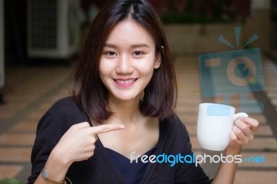 Portrait Of Thai Adult Glasses Beautiful Girl Drinking Coffee Stock Photo