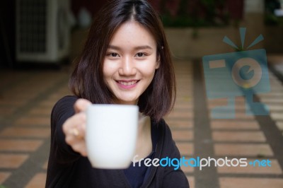 Portrait Of Thai Adult Glasses Beautiful Girl Drinking Coffee Stock Photo