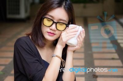 Portrait Of Thai Adult Glasses Beautiful Girl Drinking Coffee Stock Photo