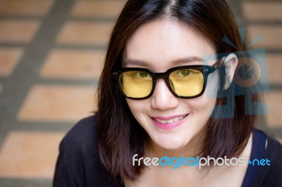 Portrait Of Thai Adult Glasses Beautiful Girl Relax And Smile Stock Photo