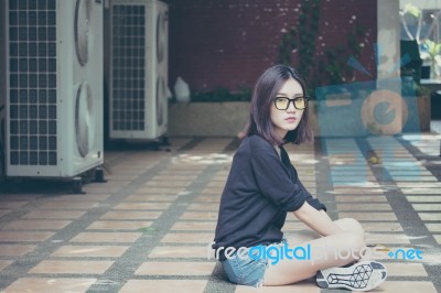 Portrait Of Thai Adult Glasses Beautiful Girl Relax And Smile Stock Photo