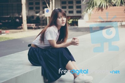 Portrait Of Thai Adult Student University Uniform Beautiful Girl Relax And Smile Stock Photo