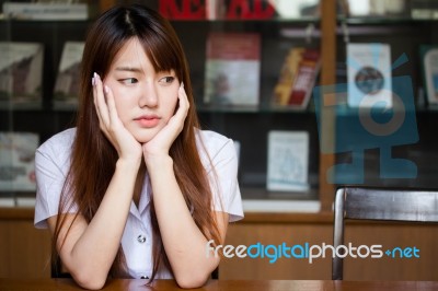 Portrait Of Thai Adult Student University Uniform Beautiful Girl Relax And Smile Stock Photo