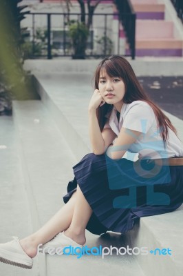 Portrait Of Thai Adult Student University Uniform Beautiful Girl Relax And Smile Stock Photo