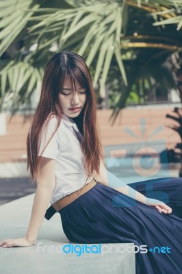 Portrait Of Thai Adult Student University Uniform Beautiful Girl Relax And Smile Stock Photo