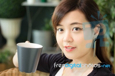 Portrait Of Thai Adult Women Office Beautiful Girl Drinking Coffee Stock Photo