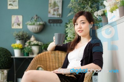 Portrait Of Thai Adult Women Office Beautiful Girl Drinking Coffee Stock Photo