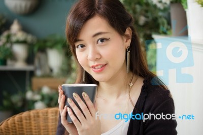 Portrait Of Thai Adult Women Office Beautiful Girl Drinking Coffee Stock Photo