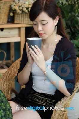 Portrait Of Thai Adult Women Office Beautiful Girl Drinking Coffee Stock Photo