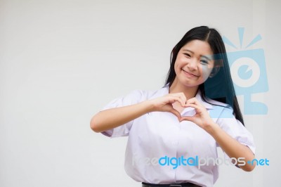 Portrait Of Thai High School Student Uniform Beautiful Girl Give Heart Stock Photo