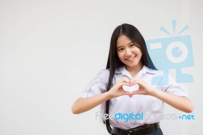 Portrait Of Thai High School Student Uniform Beautiful Girl Give Heart Stock Photo