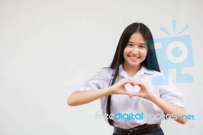 Portrait Of Thai High School Student Uniform Beautiful Girl Give Heart Stock Photo