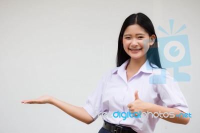 Portrait Of Thai High School Student Uniform Beautiful Girl Show Hand Stock Photo