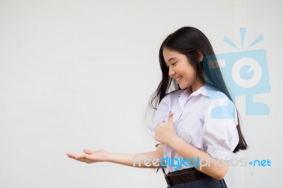 Portrait Of Thai High School Student Uniform Beautiful Girl Show Hand Stock Photo