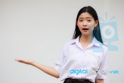 Portrait Of Thai High School Student Uniform Beautiful Girl Show Hand Stock Photo