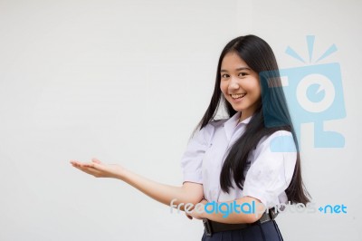 Portrait Of Thai High School Student Uniform Beautiful Girl Show Hand Stock Photo