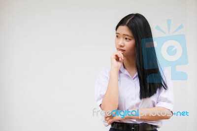 Portrait Of Thai High School Student Uniform Beautiful Girl Silently Stock Photo