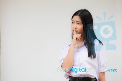 Portrait Of Thai High School Student Uniform Beautiful Girl Silently Stock Photo