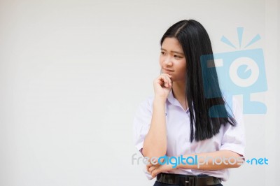 Portrait Of Thai High School Student Uniform Beautiful Girl Silently Stock Photo