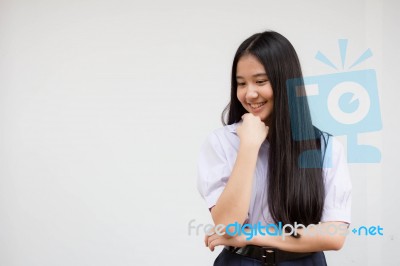 Portrait Of Thai High School Student Uniform Beautiful Girl Think Stock Photo