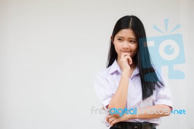 Portrait Of Thai High School Student Uniform Beautiful Girl Think Stock Photo