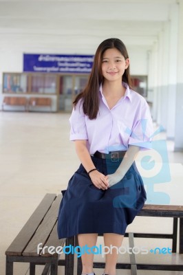 Portrait Of Thai High School Student Uniform Teen Beautiful Girl Happy And Relax Stock Photo