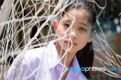 Portrait Of Thai High School Student Uniform Teen Beautiful Girl Happy And Relax Stock Photo