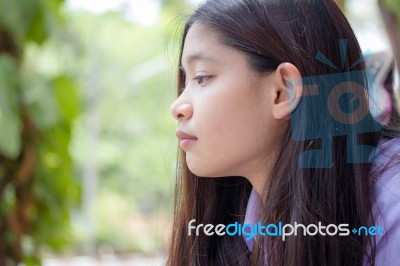 Portrait Of Thai High School Student Uniform Teen Beautiful Girl Happy And Relax Stock Photo