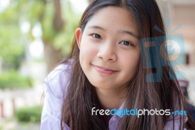 Portrait Of Thai High School Student Uniform Teen Beautiful Girl Happy And Relax Stock Photo