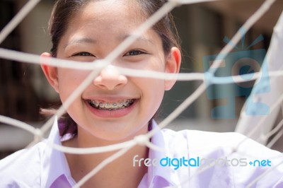 Portrait Of Thai High School Student Uniform Teen Beautiful Girl Happy And Relax Stock Photo