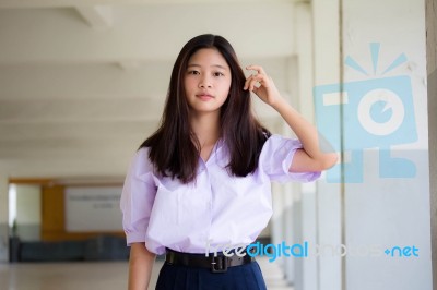 Portrait Of Thai High School Student Uniform Teen Beautiful Girl Happy And Relax Stock Photo