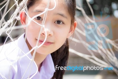 Portrait Of Thai High School Student Uniform Teen Beautiful Girl Happy And Relax Stock Photo