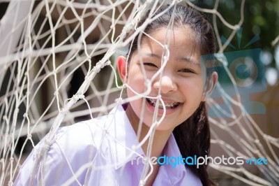 Portrait Of Thai High School Student Uniform Teen Beautiful Girl Happy And Relax Stock Photo