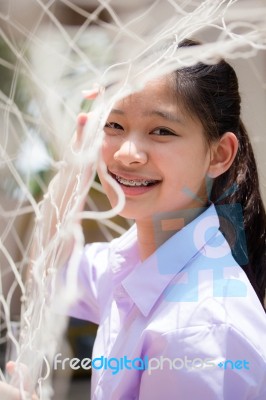 Portrait Of Thai High School Student Uniform Teen Beautiful Girl Happy And Relax Stock Photo