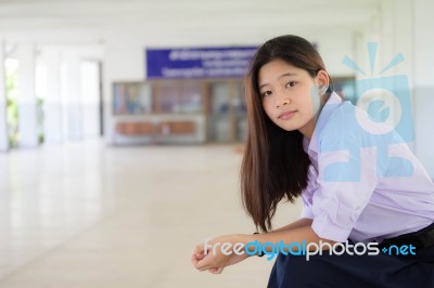 Portrait Of Thai High School Student Uniform Teen Beautiful Girl Happy And Relax Stock Photo