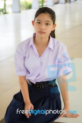 Portrait Of Thai High School Student Uniform Teen Beautiful Girl Happy And Relax Stock Photo