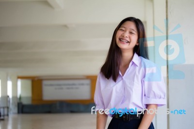 Portrait Of Thai High School Student Uniform Teen Beautiful Girl Happy And Relax Stock Photo