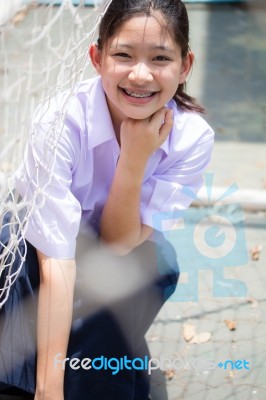 Portrait Of Thai High School Student Uniform Teen Beautiful Girl Happy And Relax Stock Photo