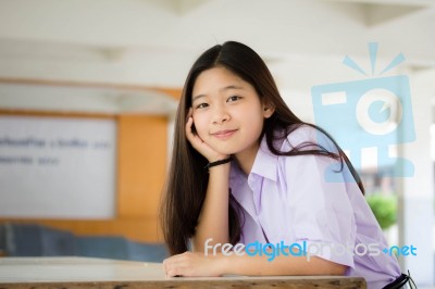 Portrait Of Thai High School Student Uniform Teen Beautiful Girl Happy And Relax Stock Photo