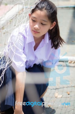 Portrait Of Thai High School Student Uniform Teen Beautiful Girl Happy And Relax Stock Photo