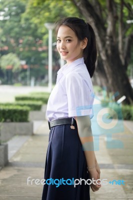 Portrait Of Thai High School Student Uniform Teen Beautiful Girl Happy And Relax, Stock Photo