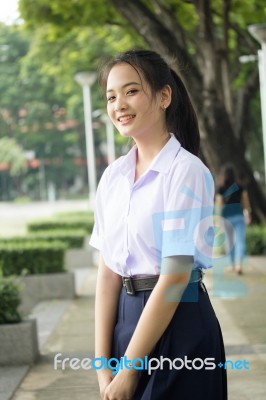 Portrait Of Thai High School Student Uniform Teen Beautiful Girl Happy And Relax, Stock Photo