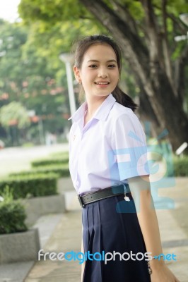 Portrait Of Thai High School Student Uniform Teen Beautiful Girl Happy And Relax, Stock Photo